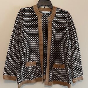 Kasper Black, White & Camel Textured Open-Front Cardigan